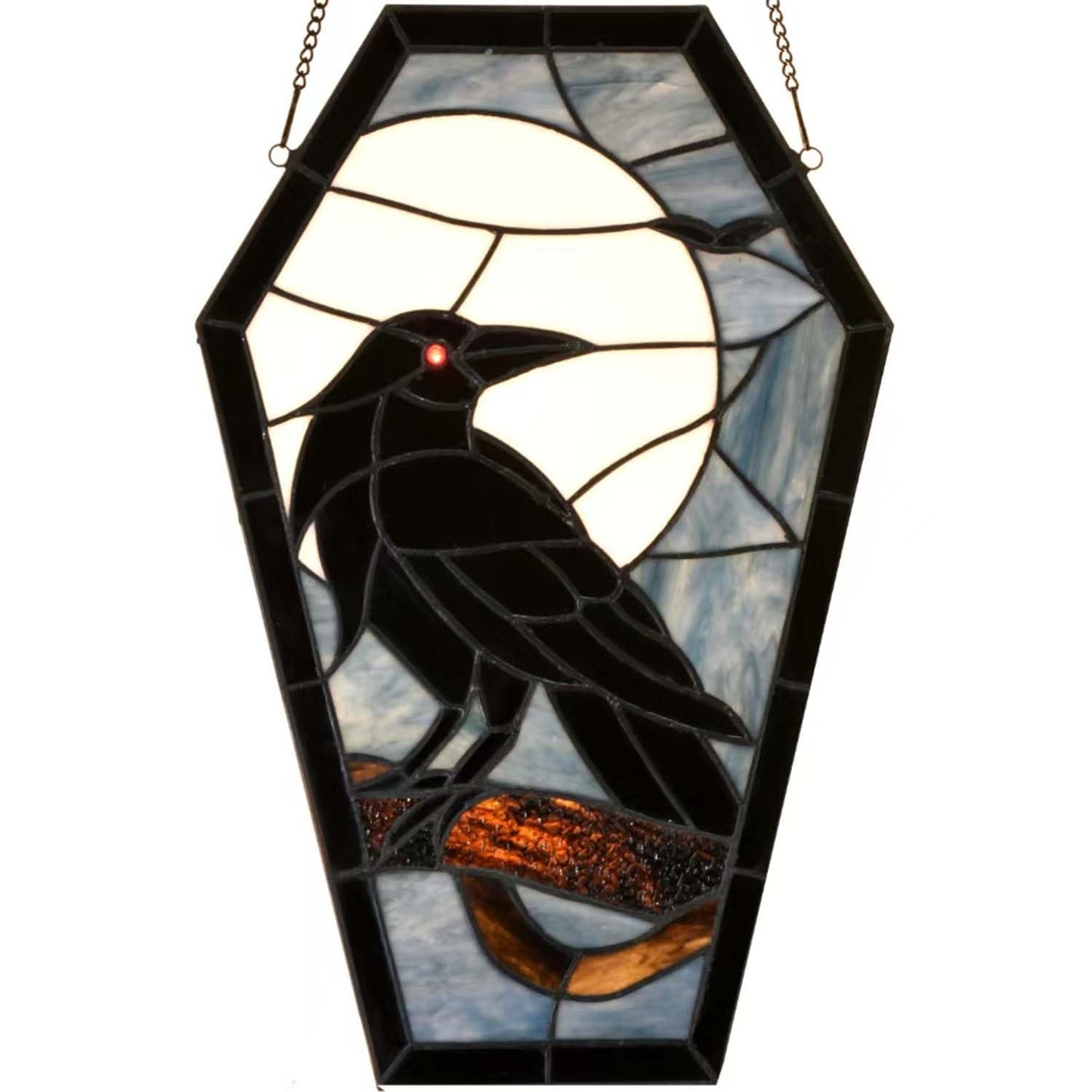Bieye W12001 Gothic Raven Stained Glass Window Panel, Tiffany Style Hanging Suncatcher for Halloween Decor (Dark Blue, 16" H Coffin-shaped)