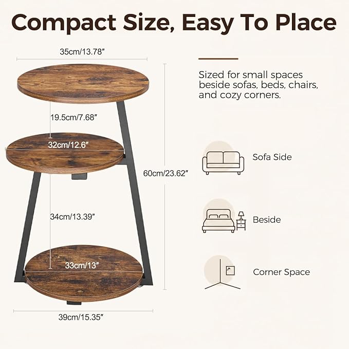 BEWISHOME Round Side Table, 3-Tier End Table, Nightstand
