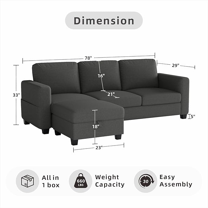 78" Sectional Sofa Couches for Living Room, Dark Grey Convertible L Shaped Couch