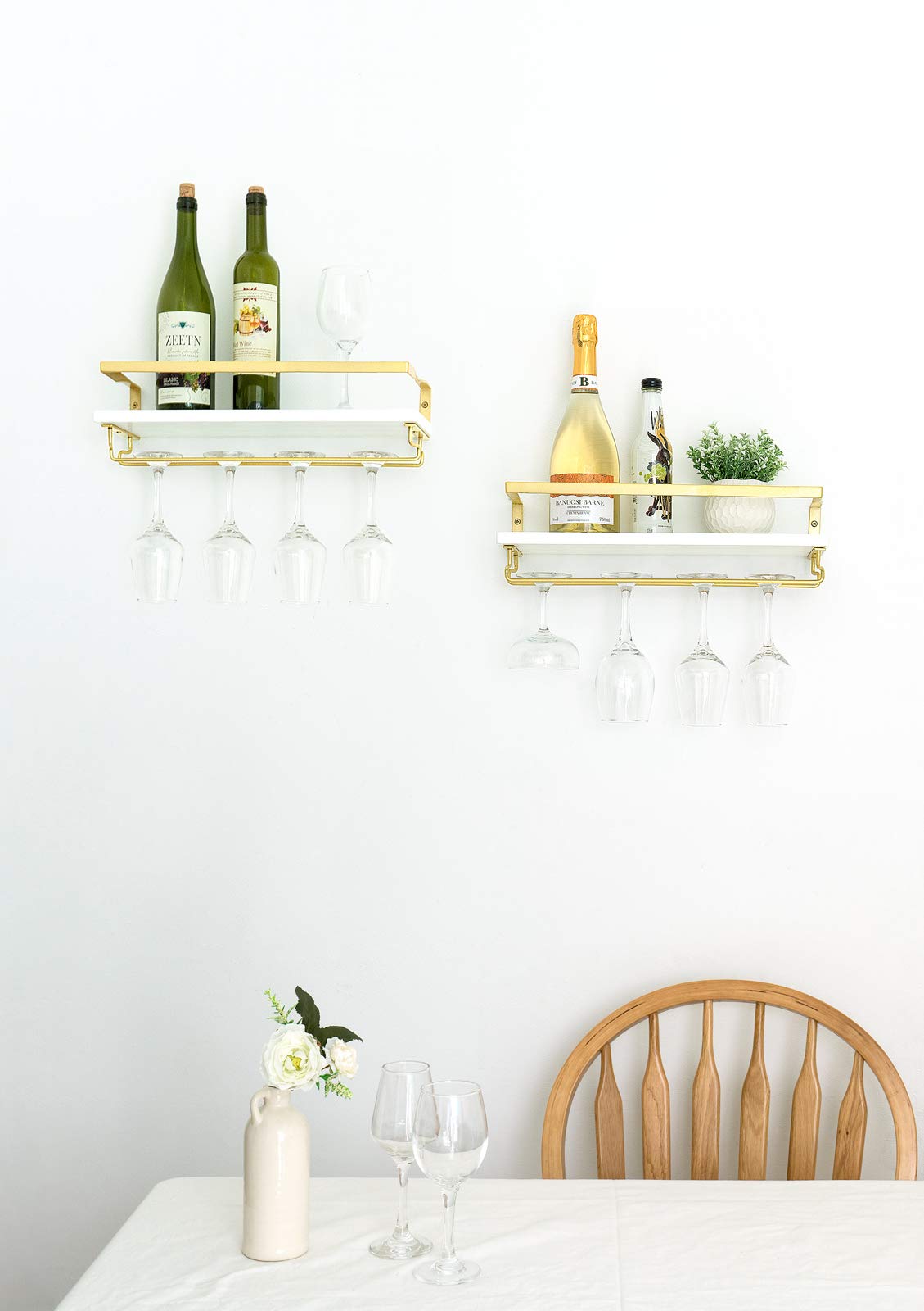 Mkono Wall Mounted Wine Rack Set of 2 White Wood Wine Bottle Glass Holder Floating Shelves with Stemware Hanger Modern Plants Photos Wine Display Storage Holder for Kitchen Dining Room Bar, 17 Inch