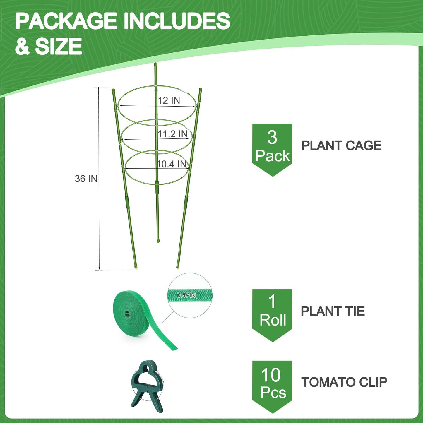 KLS 3 Pack Tomato Cage for Pots Plant Support, Upgrade 36 Inches Tomato Cages for Garden, Pepper Cage Trellis Kit with Plant Tie and Clips (36")