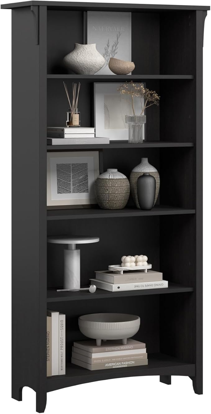 Bush Home Salinas 5 Shelf Bookcase in Vintage Black, Tall Bookshelf, Large Book