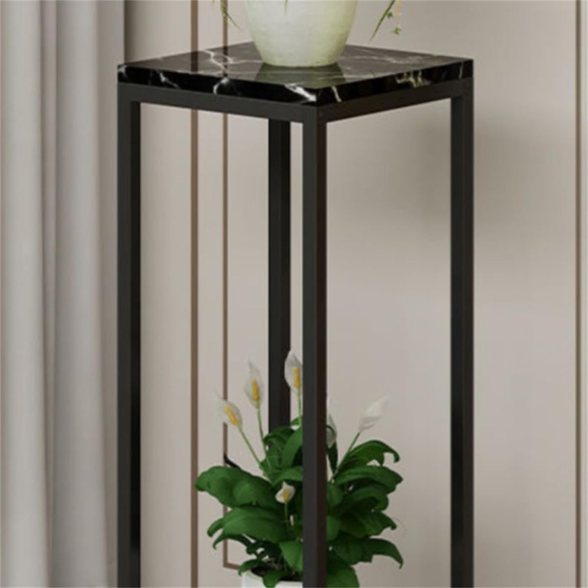 KWOKING Simple Square Multi-Level Wood Plant Table with Storage Shelf Floor-Standing Wrought Iron Planter Stand for Living Room Indoor Use Especially for Balconies Black 9" L x 9" W x 24" H