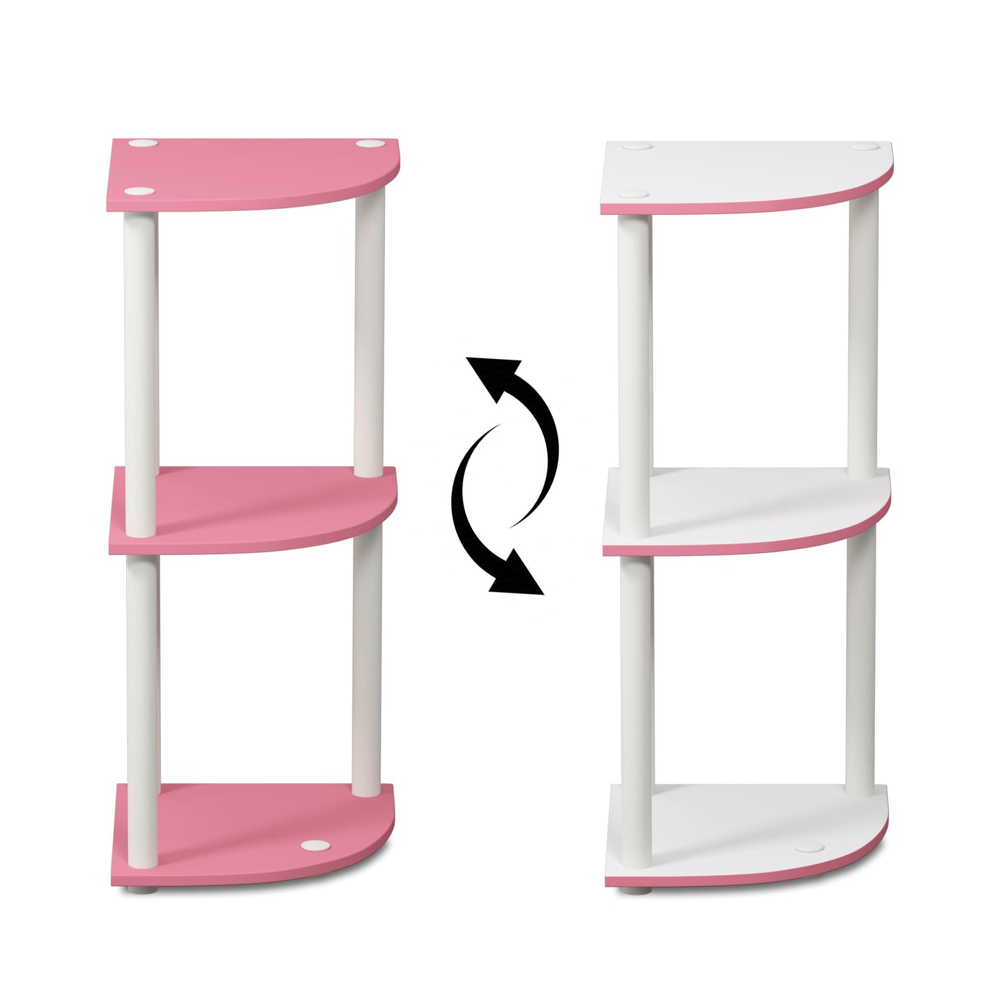 Furinno TURN-N-TUBE Corner Shelf, 3-Tier Corner Bookshelf, Display Storage Shelves with Open Shelves, for Organization and Storage, Living Room, Home Office, Garage, Pink