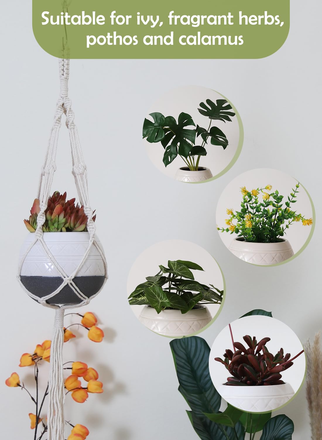 TAMAYKIM 6 Inch Ceramic Hanging Plant Pot with Macrame Plant Hanger & Hooks, Drum Shape Small Flower Planter for Indoor Outdoor, Balcony Garden Decor, White with Grey