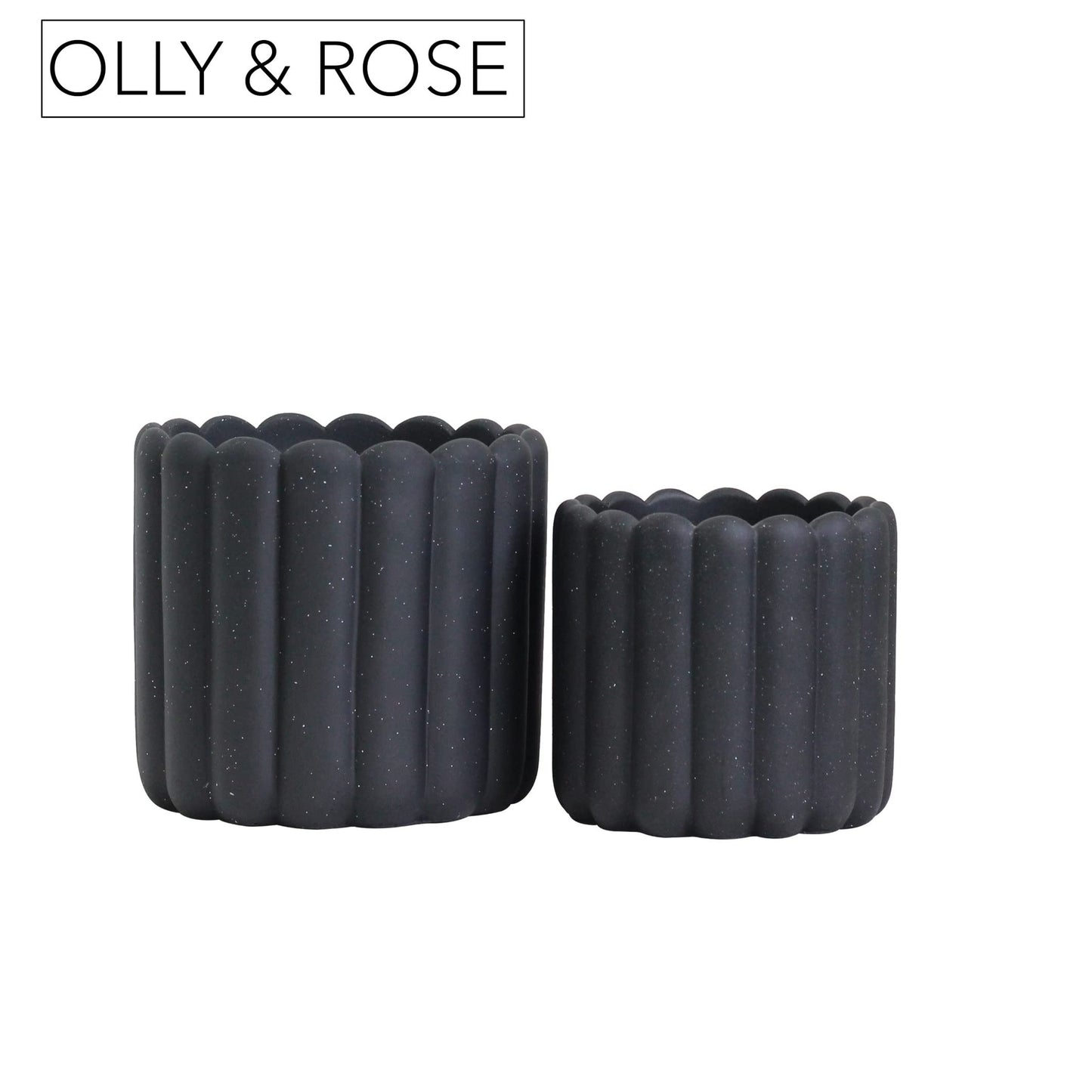 Olly & Rose iOS Vertical Striped Ribbed Plant Pot - Charcoal Speckled Ceramic Planters - 6.6 + 5 Inch Indoor and Outdoor Flower Pots Home Decor (Black Ribbed)
