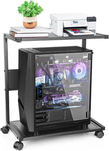 PC Stand Computer Tower Stand 2-Tier Metal CPU Holder with Locking Caster Wheels Suitable for Most PC (Black, L)
