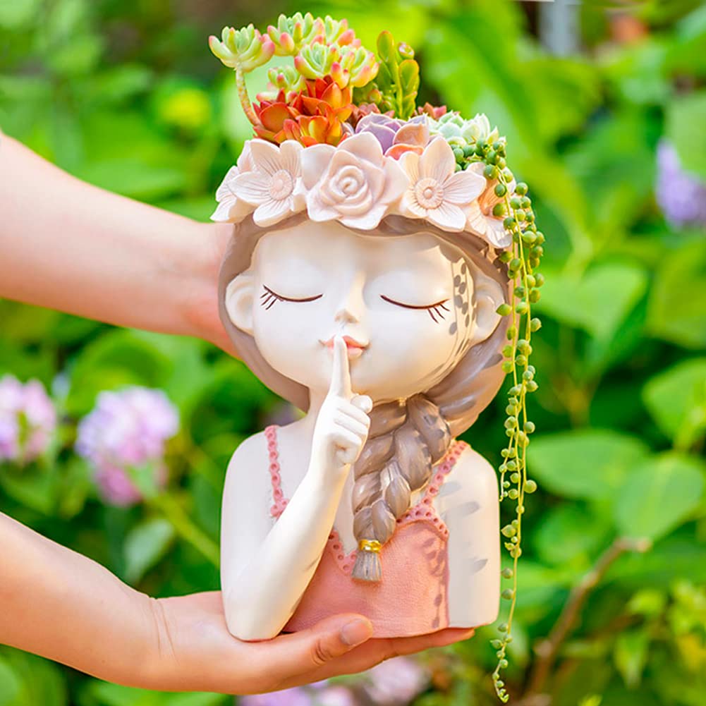 Snowy sunday Adorable Girl face Planter 2 Packs (Tranquility) Succulent Pot with Drainage Hole Tall Lady Head Planter Farmhouse Resin Flower Pot Decorative vase for Indoor and Outdoor Plants Gifts