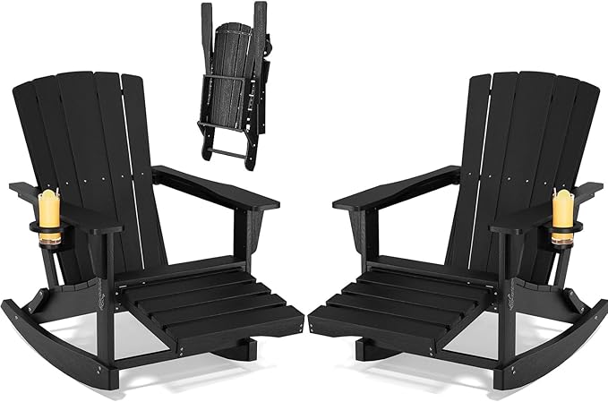 Adirondack Rocking Chair with Retractable Ottoman Set of 2, Outdoor Folding
