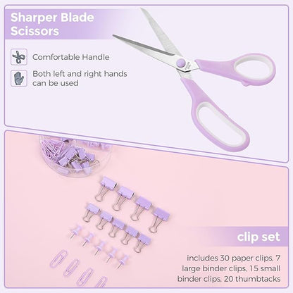 SKYDUE Purple Office Supplies, Purple Desk Organizer for Kids, Mesh Desk Organizer, Stapler, Tape Dispenser, Scissors, Binder/Paper Clips and 1000pcs Staples, Girls Desk Accessories