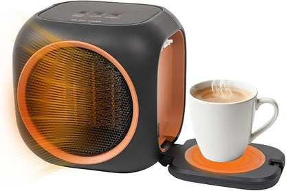 Space Heater with Mug Warmer, Electric Space Heaters for Indoor Use with Thermostatc, Candle Warmer Pate for Bedroom, Office, Large Room Use
