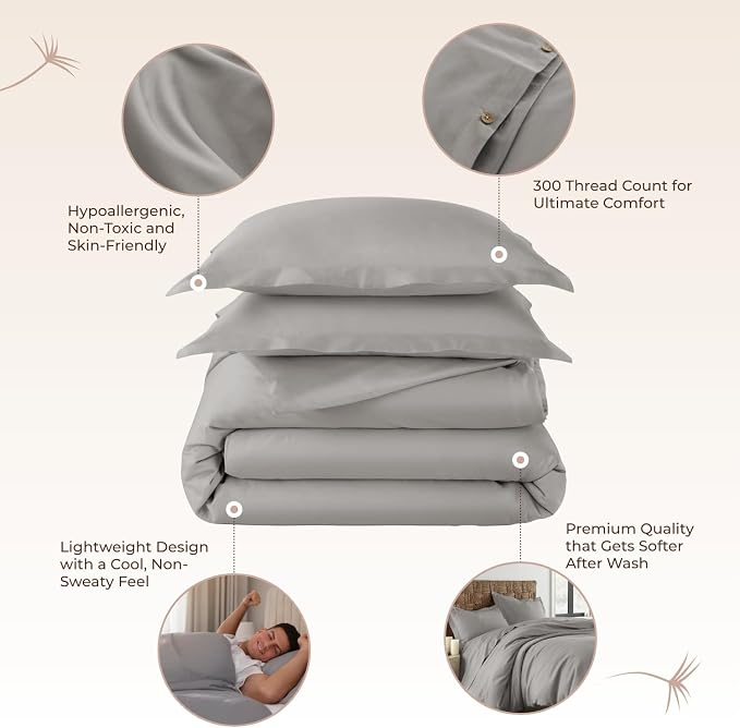 100% Organic Cotton Duvet Cover King Size - Naturally Soft Lightweight & Cooling Duvet Cover Set with Decorative Shams - Premium GOTS Certified 300 Thread Count Sateen Weave (Classic Grey, King)