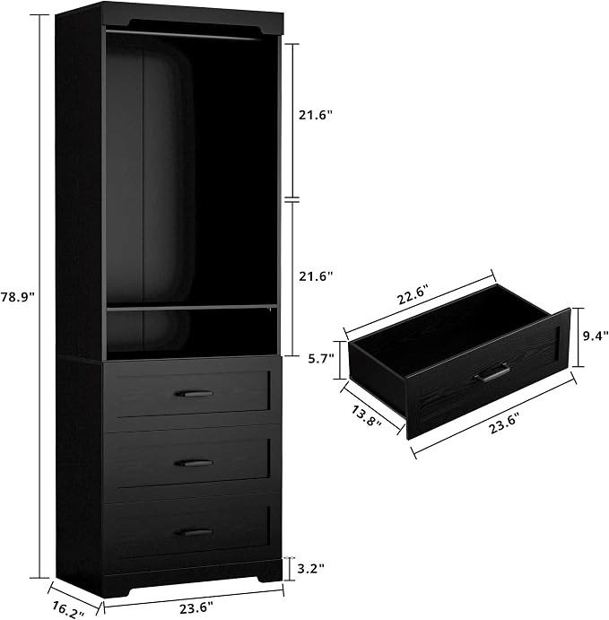 IRONCK Freestanding Closet System with 3 Wood Drawers, Modern Armoire Wardrobe with Adjustable Shelves & Hanging Rod, Walk-in Closet Systems Organizer for Small Closet, Black