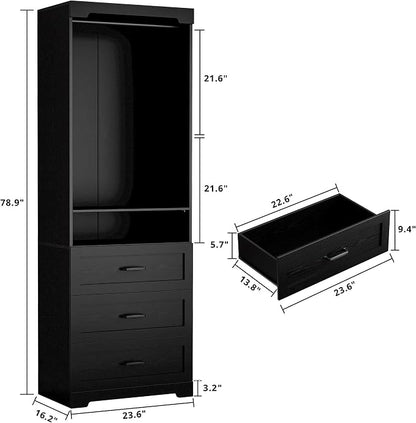IRONCK Freestanding Closet System with 3 Wood Drawers, Modern Armoire Wardrobe with Adjustable Shelves & Hanging Rod, Walk-in Closet Systems Organizer for Small Closet, Black