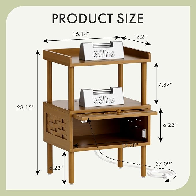 Amazer Walnut Nightstand with Charging Station, Bamboo Night Stand