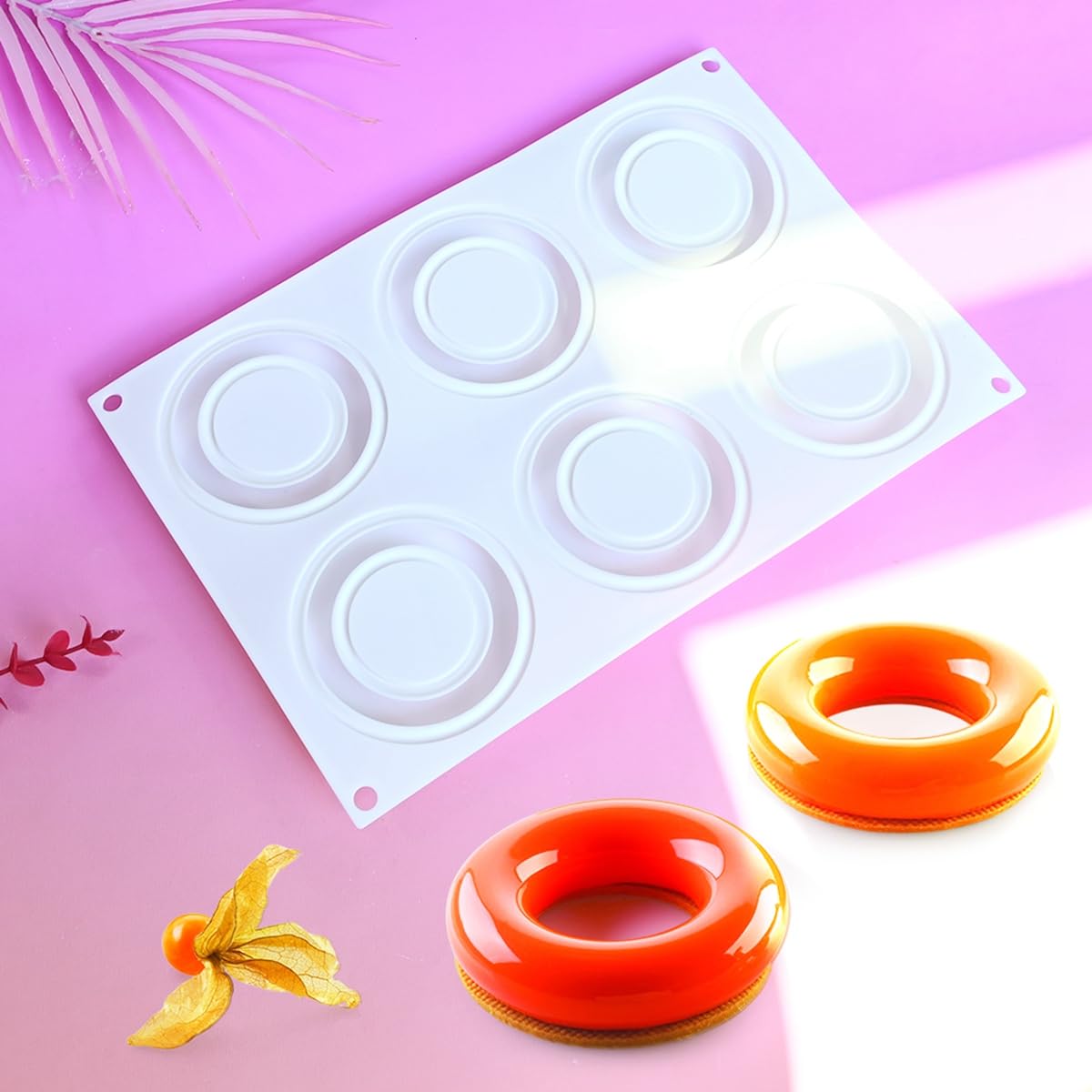 ANGOOD 3D Donut Silicone Mold, Cupcake Baking Pan Mousse Tray Molds, Kitchen Cake Decorating Fondant Mould for Pumpkin Shaped Baking Mousse Cake, 6-Cavity Non-Stick Silicone Moulds (D_ Donut)