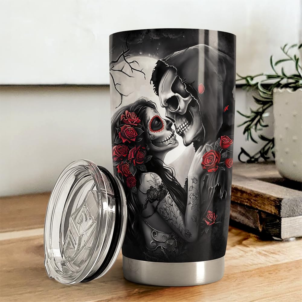 SANDJEST Skull Couple Tumbler 20oz Stainless Steel Insulated Coffee Travel Cup Tumblers Gifts for Wife Husband Boyfriend Girlfriend on Birthday Christmas Valentines Anniversary