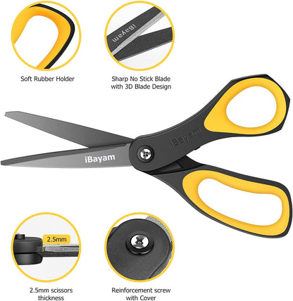 Scissors, iBayam 3 Pack 8" All Purpose Nonstick Scissors, 2.5MM Thickness Titanium Blades with Comfort Grip, Heavy Duty Shears for Office School Home Classroom General Use Art and Craft DIY Supplies