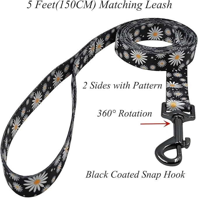 Dog Collar Leash Set, Floral Pattern, Polyester Material, Adjustable Collar and 5ft Matching Leash, for Large Dogs.(L, Black Daisy)