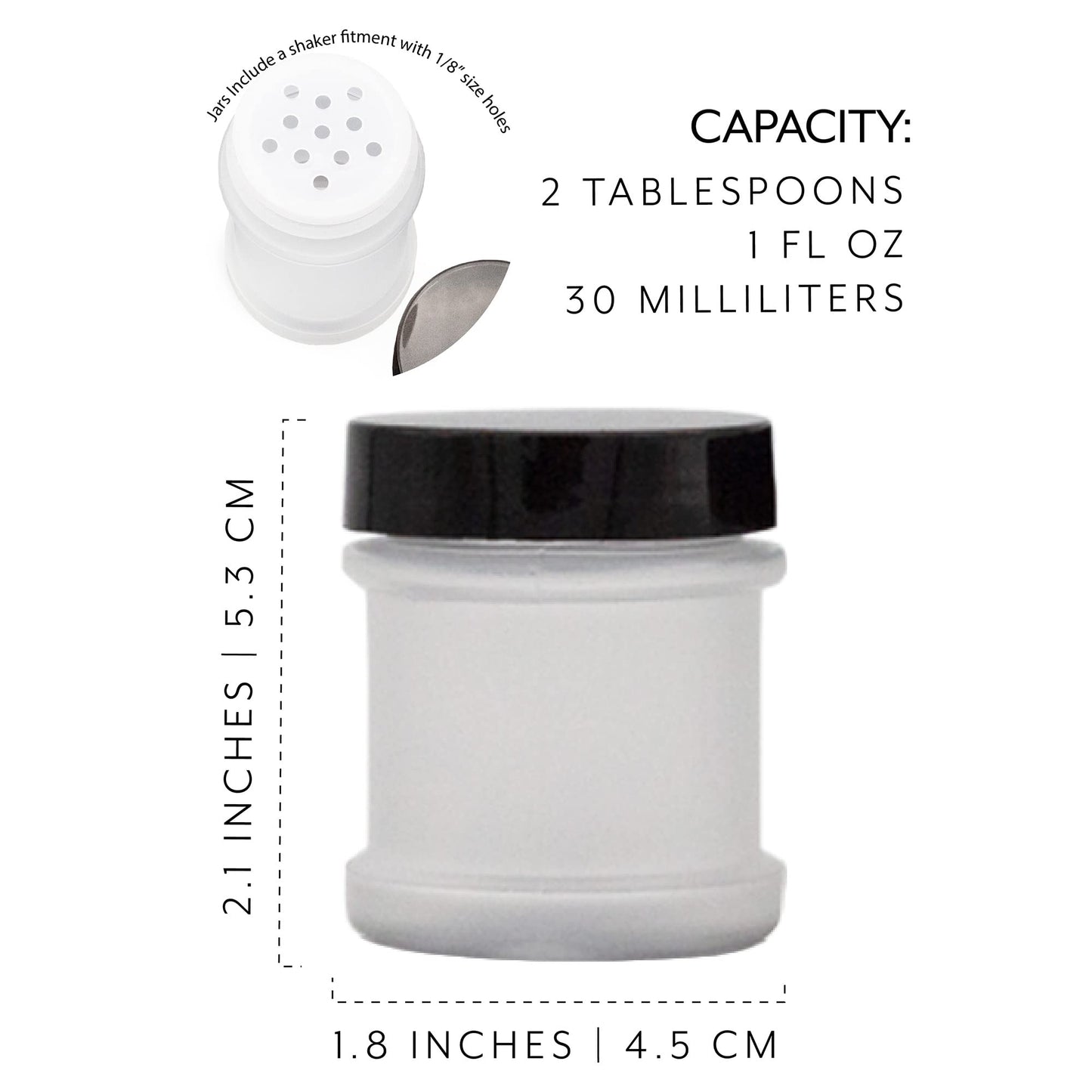 Cornucopia Brands Mini Plastic Spice Jars w/Sifters (12-Pack, Black); 2 Tablespoon Capacity (1 Fluid Ounce) Spice Bottles for Travel, Glitter, Gifts, Favors