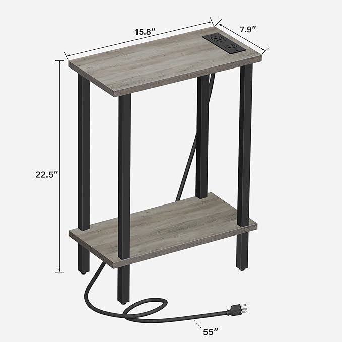 TUTOTAK Small End Table with Charging Station, Narrow Side Table with USB Ports