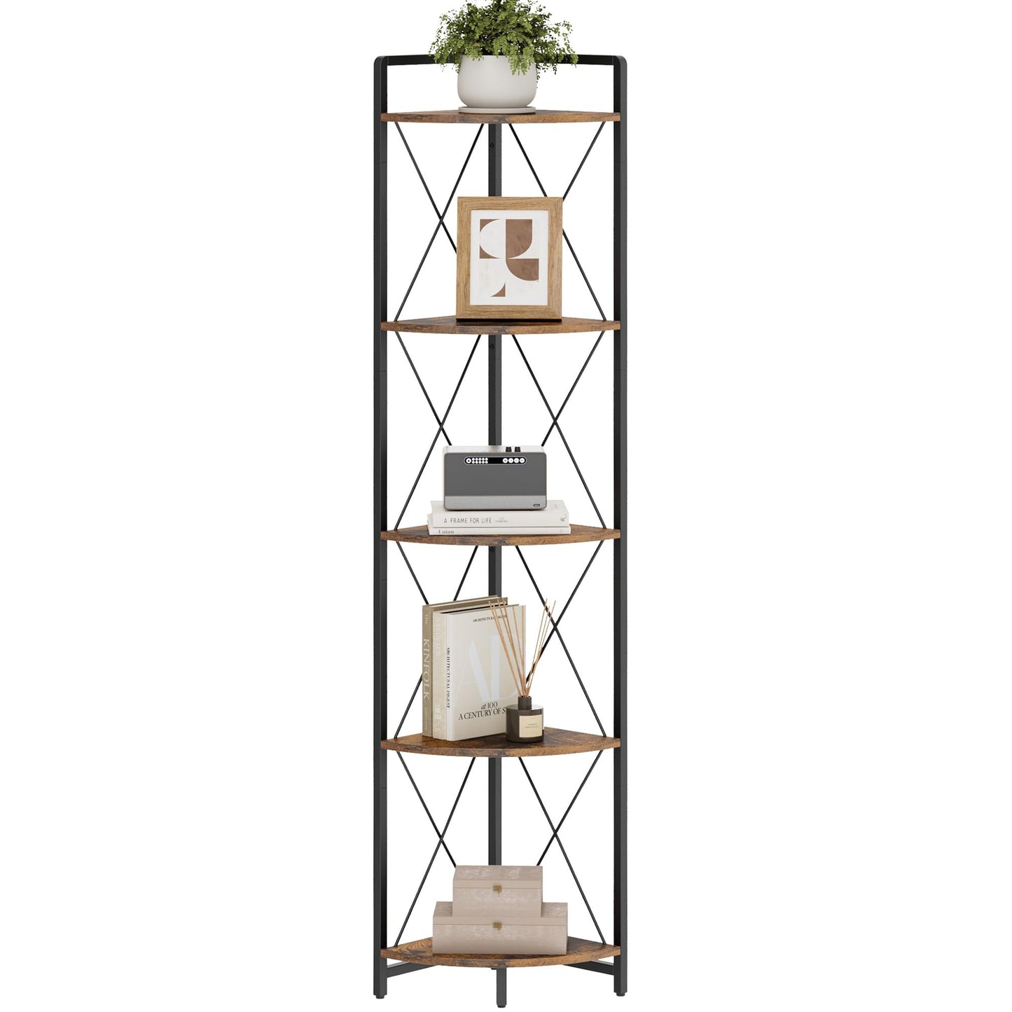 Cerlyunzan 5 Tier Corner Shelf Stand, 64" H Tall Industrial Corner Bookshelf for Living Room Decor, Metal Corner Shelf, Plant Stand Display Shelf for Bedroom, Bathroom, Small Space, Rustic Brown