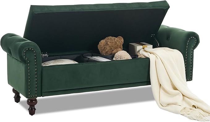 SOFTHION 58.1" Storage Bench Upholstered Velvet End of Bedroom Bed Bench Ottoman