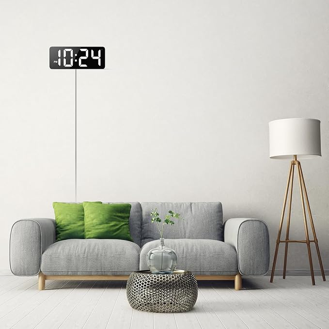 LED Digital Wall Clock with Large Display, Big Digits, Auto-Dimming, 12/24Hr Format, Modern Electric Small Silent Wall Clock for Living Room, Bedroom, Classroom, Farmhouse, Kitchen, Office - White