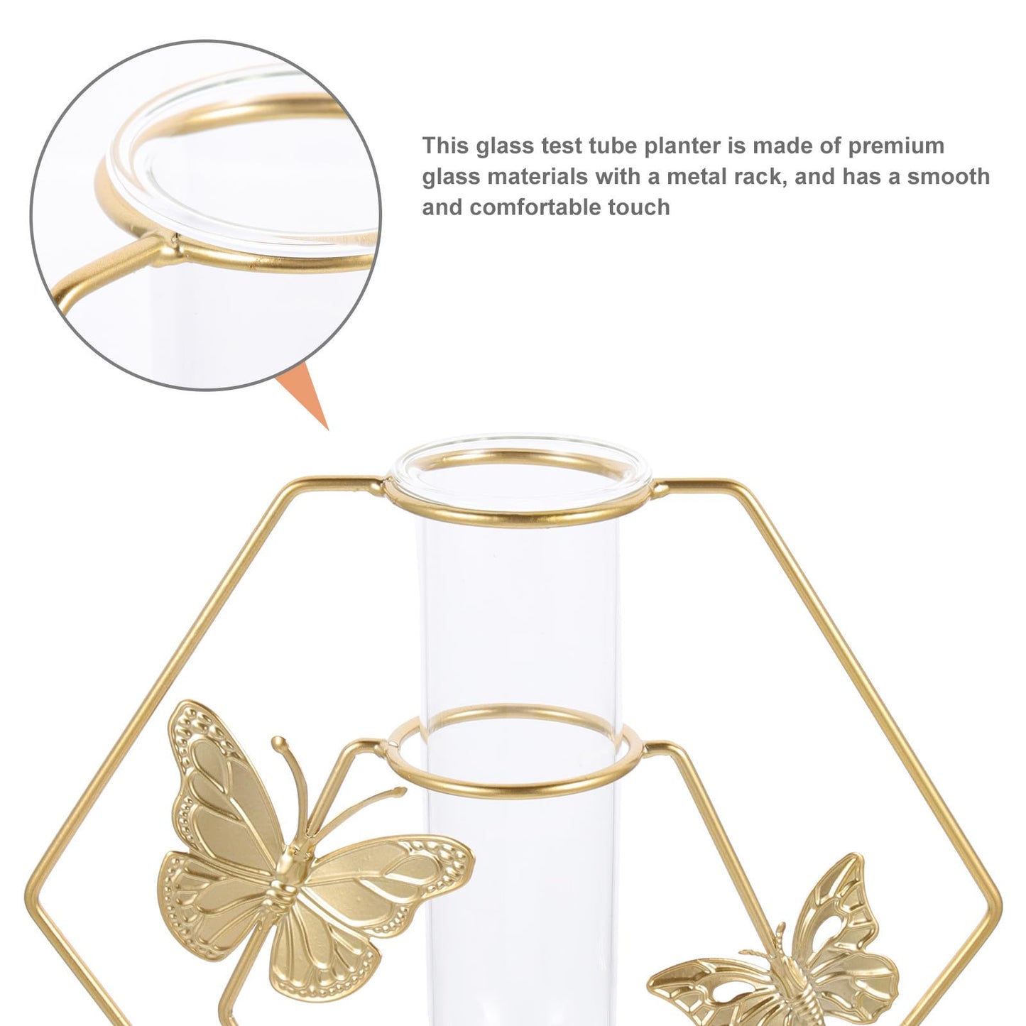 BESPORTBLE Hydroponic Glass Vase with Butterfly Pattern, Hexagonal Decorative Flower Holder, Metal Frame Plant Terrarium for Home and Living Room Table Décor