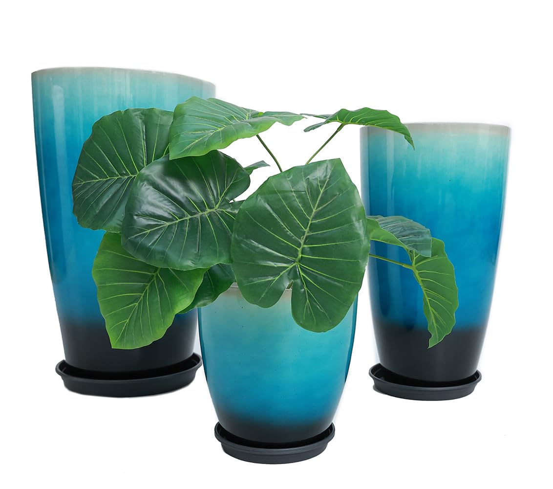 MinCHI257 24,21,11 Inch Large Plastic Planters with Drainage Hole and Saucer - Set of 3 Tall Plant Pots Indoor Flower Pot Tall Round Planters Outdoor Large Tall Planter