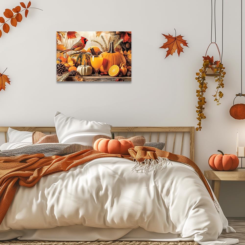 CCWORKERRY Fall Pumpkin Bird Wall Art Canvas Print Farmhouse Autumn Cardinal Painting Rustic Thanksgiving Home Decor for Kitchen Framed(Red,12L x 18W)