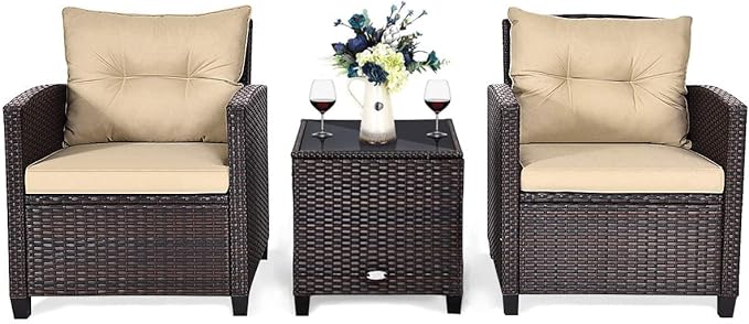 HAPPYGRILL 3 Pieces Patio Conversation Set, Outdoor Furniture Set PE Rattan