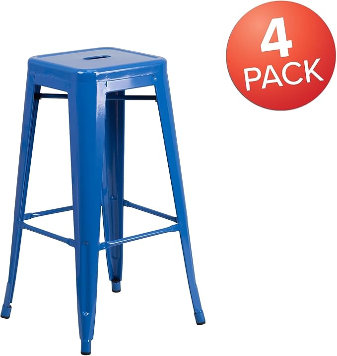 Flash Furniture Lily 4 Pack Commercial Grade 30" High Backless Blue Metal