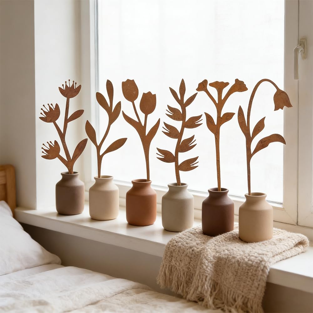 hogardeck Garden Decor for Outside, 6 Pcs Rusty Metal Flower Garden Stakes with Fern Leaf Design for Outdoor Yard Art, Rustic Plant Stakes for Flower Bed, Pot, Vase