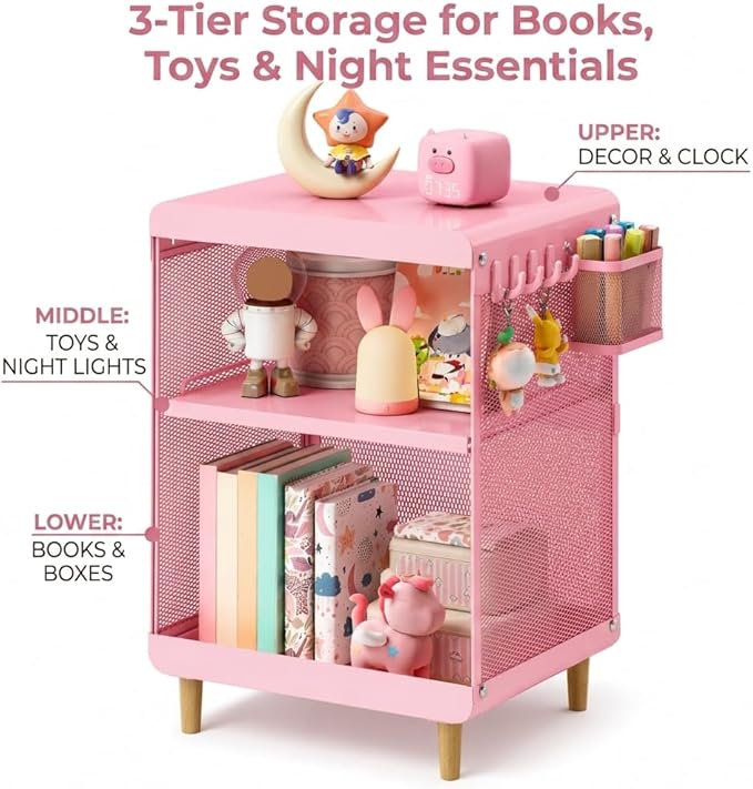 SYKIARIOL Kids Nightstand for Girls, Metal Bedside Table