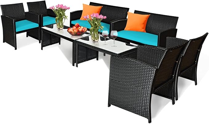 Tangkula 8 Pieces Patio Wicker Conversation Furniture Set, Patiojoy Sofa &