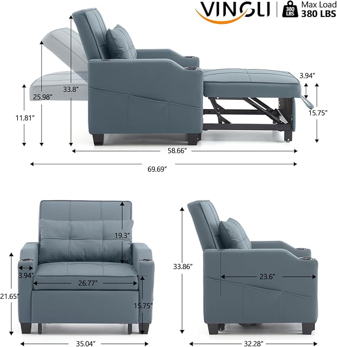 VINGLI 3-in-1 Convertible Sofa Bed, Recliner