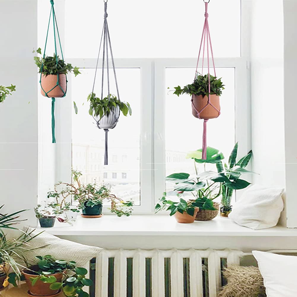 ELANE 6PCS Macrame Plant Hanger Indoor Hanging Planter Basket Decorative Tassels Flower Pot Holder for Indoor Outdoor Home Decor(Pink,Grey,Green)