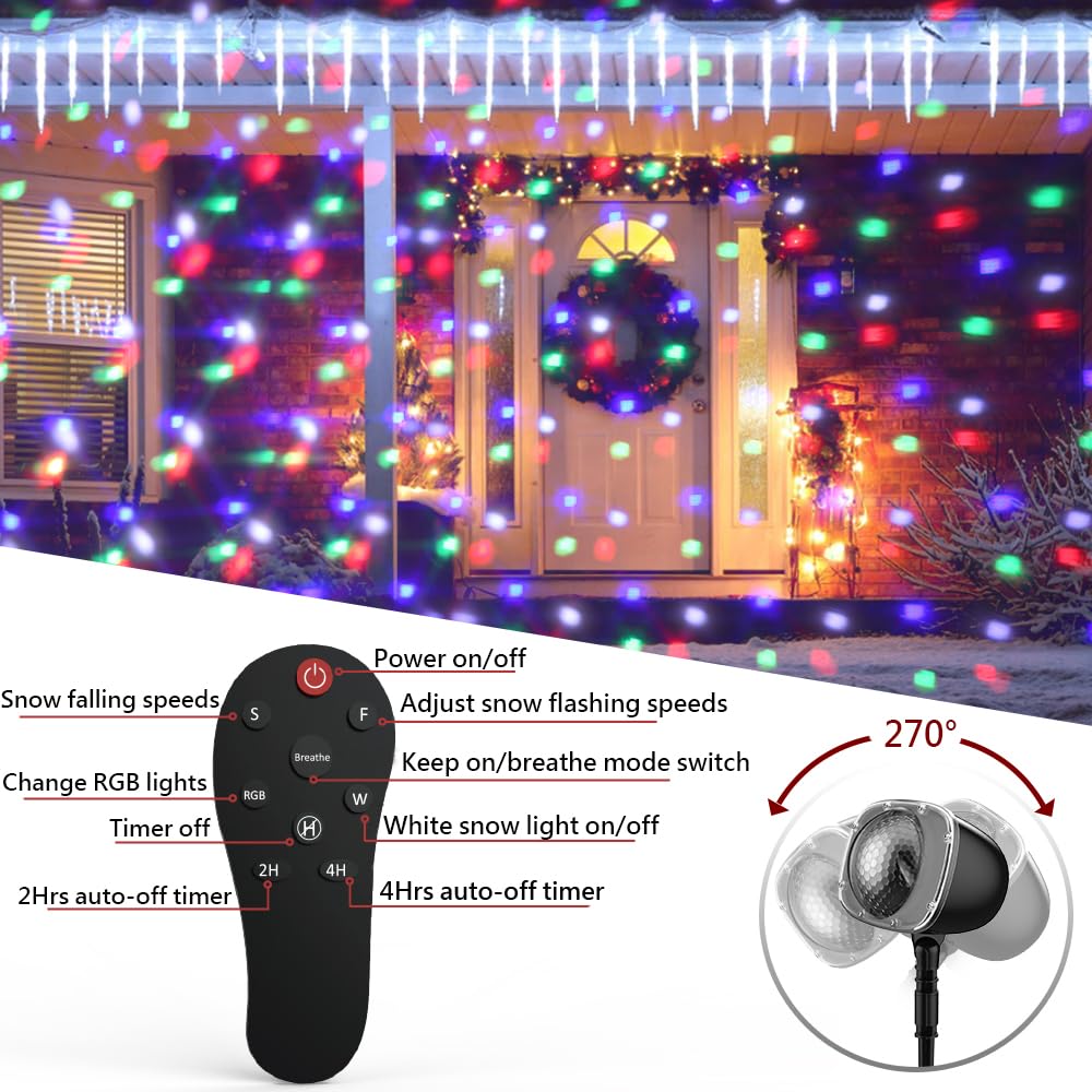 Syslux Christmas Projector Lights Outdoor, RGBW Christmas Snowfall Projector Light Rotating Falling Snow Projector with Remote Control Landscape Lights for House Yard Garden Halloween Christmas Decor