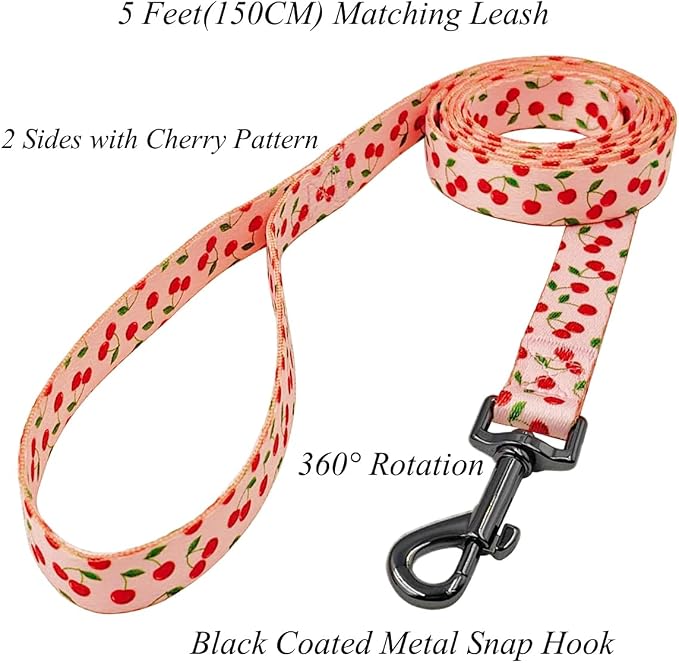 Dog Collar and Leash Set, Cute Cherry Pattern, Polyester Material, 5ft Leash, for Large Dogs.(Large,Pink Cherry)