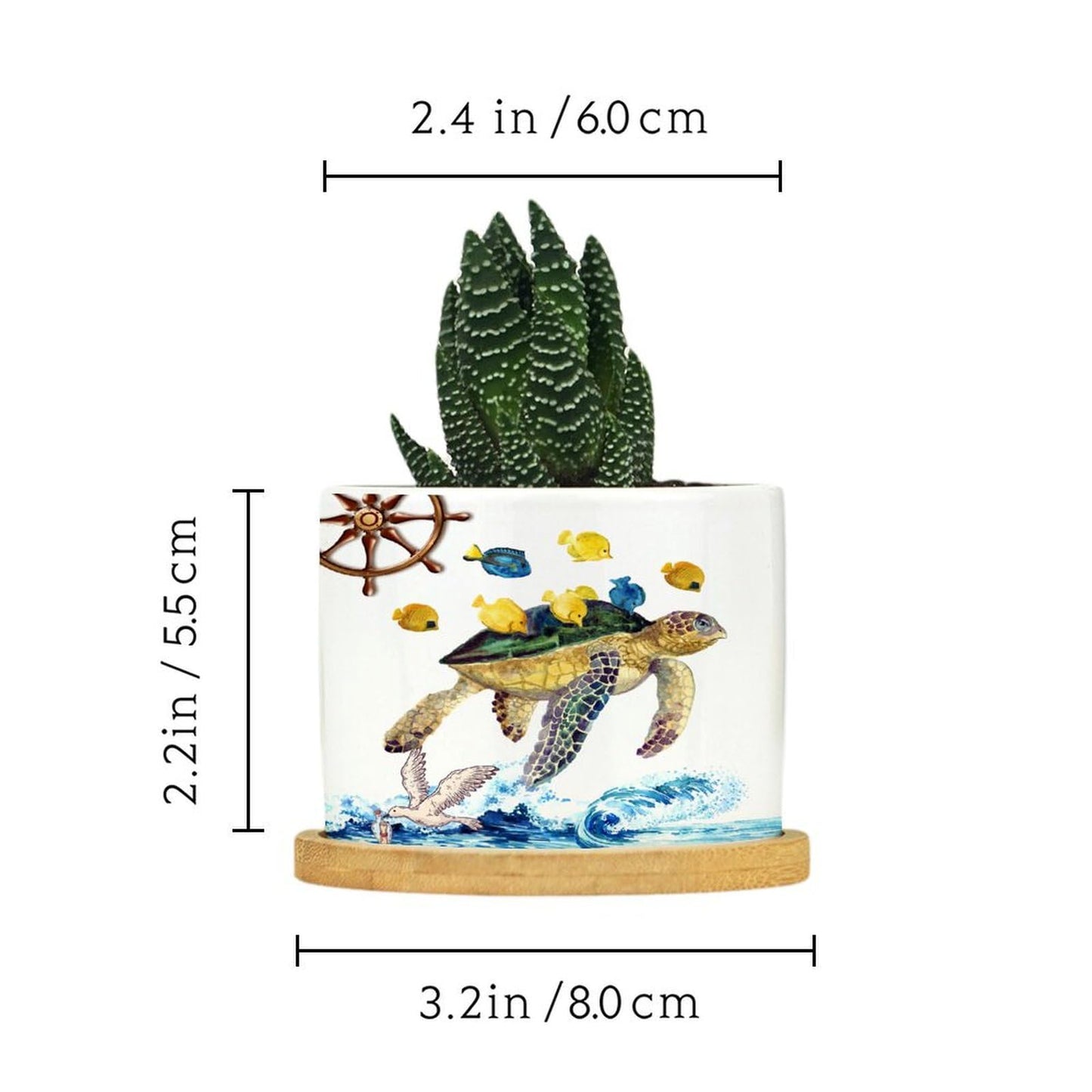 DreamAutumn Ocean Theme Sea Turtle Ceramic Pots for Plants with Drainage Holes Round Flower Pot Bamboo Tray Orchid Pot Succulents Pots for Outdoor Indoor Plants,Housewarming Gifts