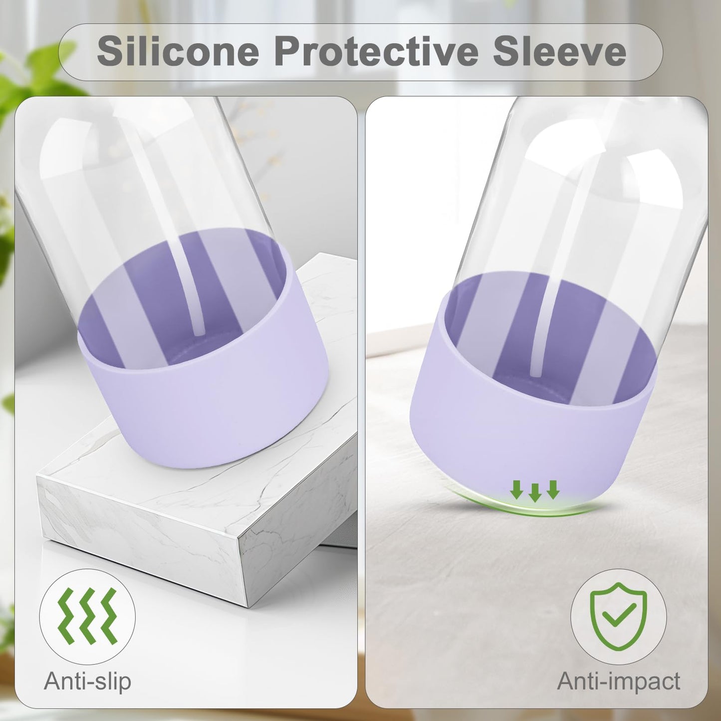 Worldgsb 2 Pack Glass Spray Bottles with Silicone Sleeve, 16 oz Empty Refillable Containers with Adjustable Spray Nozzles, Spray Bottles for Hair, Cleaning Solutions and Plants Purple