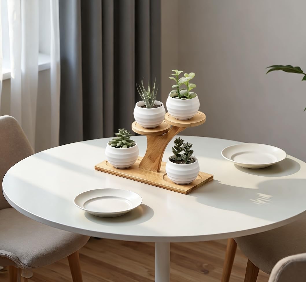 DCAEKUX Bamboo Plant Stand, 3 Tier Window Sill Plant Shelf, Desktop Small Indoor Plant Stand, Bamboo Table Top Plant Shelf for Succulent Herb, Perfect for Window Sill, Living Room, Home Office, Patio Balcony Decor & Gift