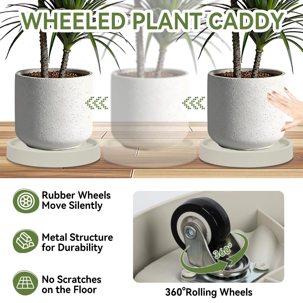 UoeRing 2 Pcs Plant Caddy with Hidden Wheels 10 Inch Heavy Duty Rolling Plant Stand, Indoor Outdoor Plant Saucer Tray with $9.9 Garden Tools (Beige)