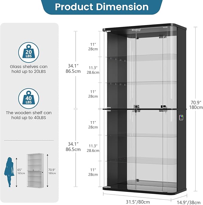 71" Tall Display Cabinet with Glass Doors, Rounded Curio Cabinet with Motion