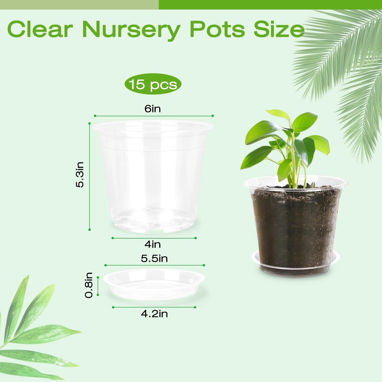 FUOAUYK 6 Inch Clear Nursery Pots with Drainage Trays, 15 Pack Plastic Pots for Plants, Clear Pot for Seed Starting, Transplanting, Succulents, and Indoor Gardening (6 inch)