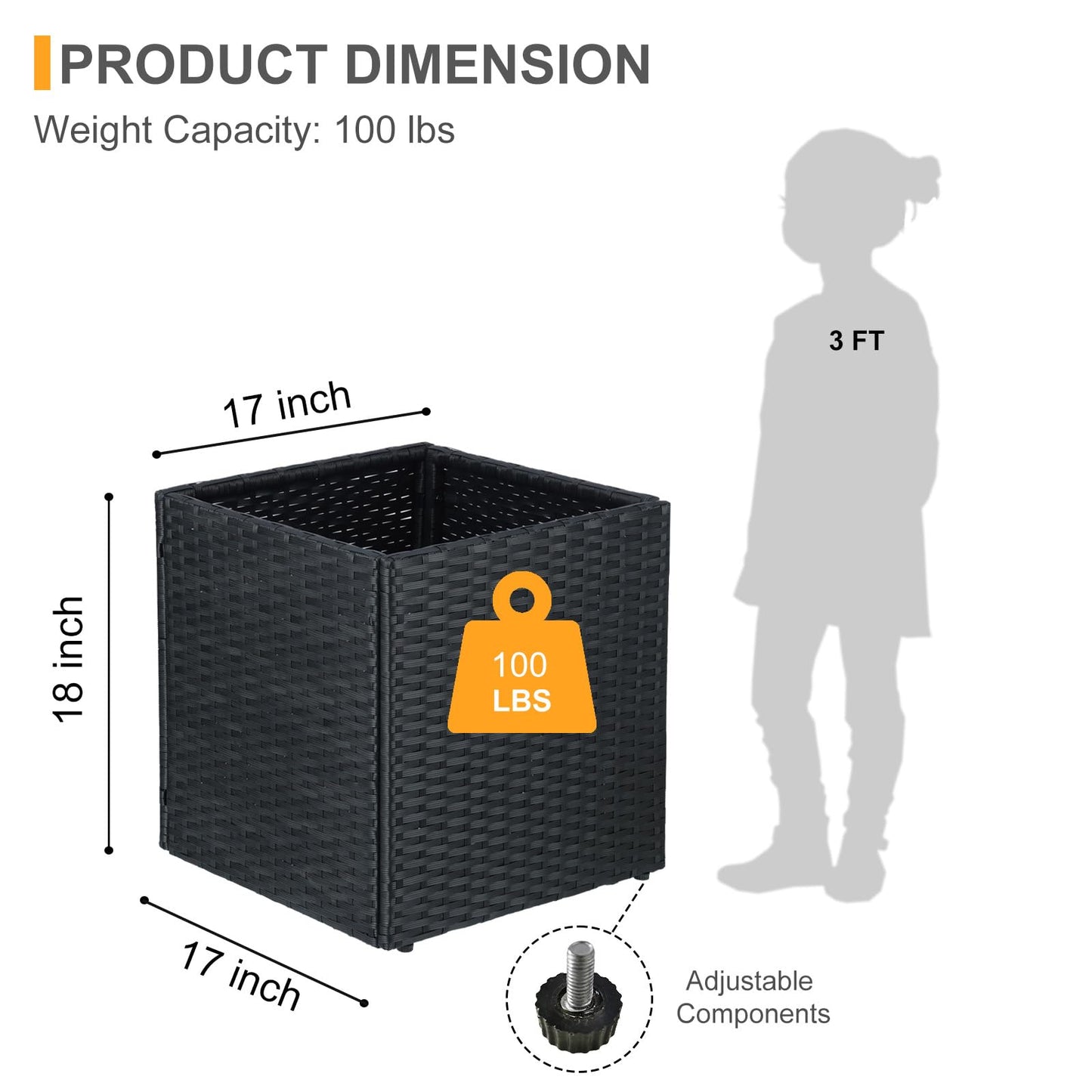 SUNNYPARK Black Square Planter Box All-Weather PE Rattan Large Modern Planters with Removable Liner Indoor Outdoor Decorative Flower Pot for Patio, Balcony, Garden