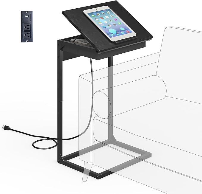 sthmec C Shaped End Table with Charging Station, 45° Tiltable Adjustable Flip