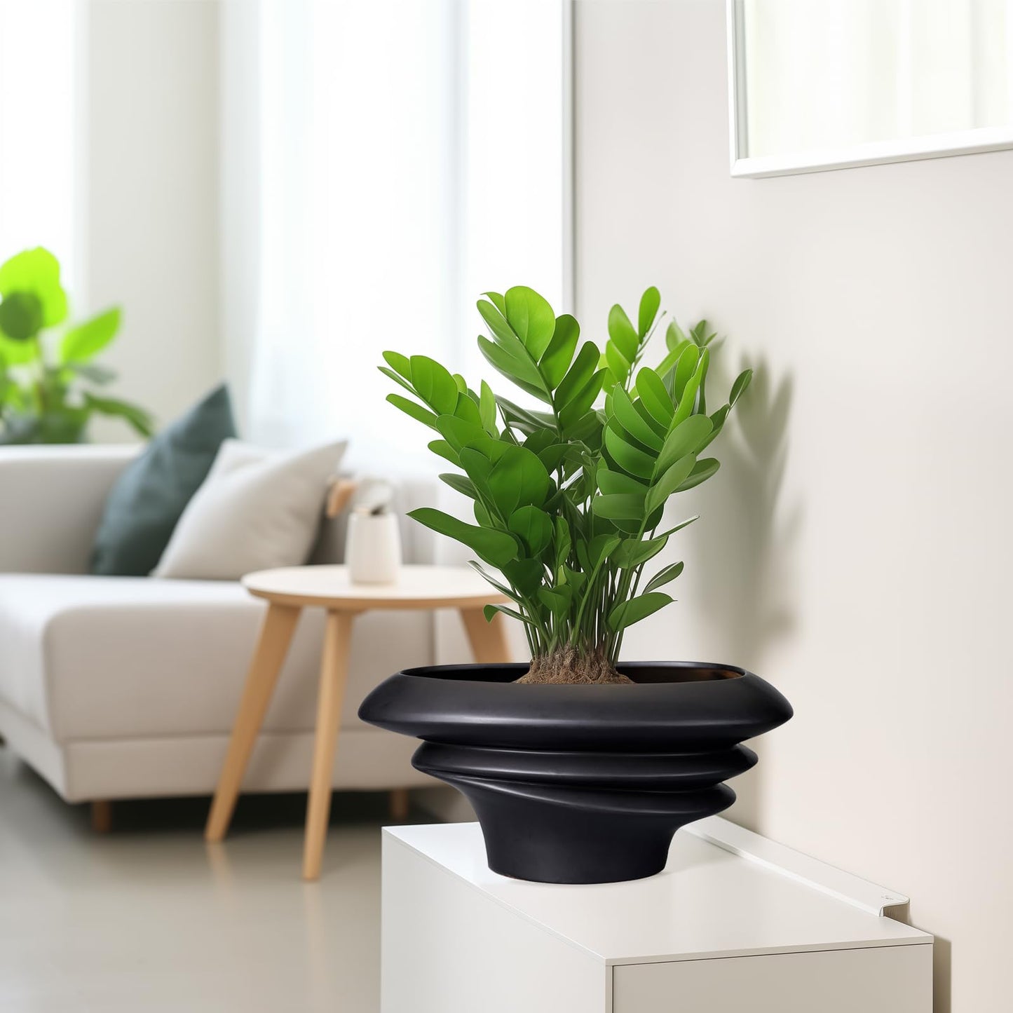 SQOWL Bonsai Pot 10 Inch - Ceramic Succulent Planter with Drainage Hole Large Plant Pot for Indoor Plants Outdoor Modern Home Decor Black