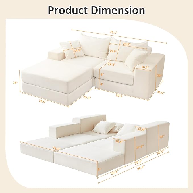 Modular Sectional Loveaeat Cloud Sofa, Boneless Couch